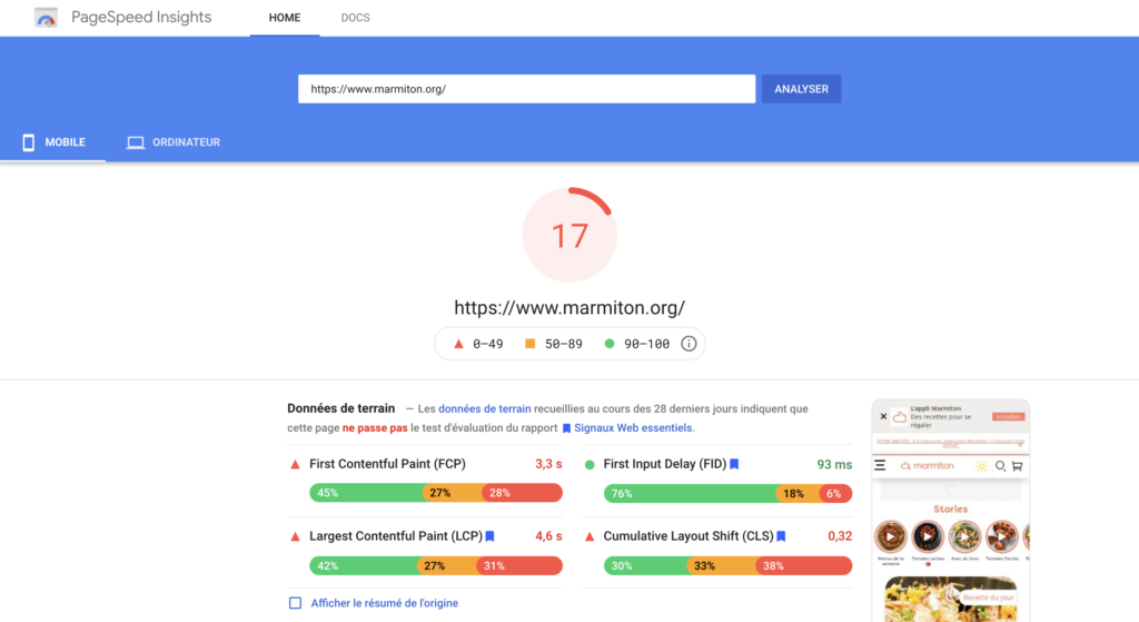Analyse Marmiton.org par Google Page Speed Insight